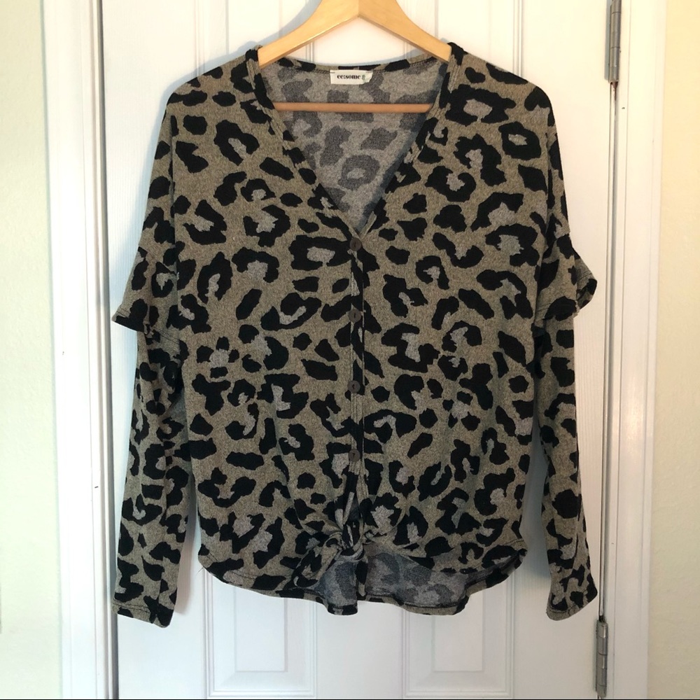 Taupe leopard print v-neck top with ruffles